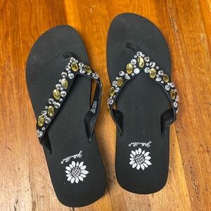 - Yellow Box Black Valencia Sandals with Gem Accents